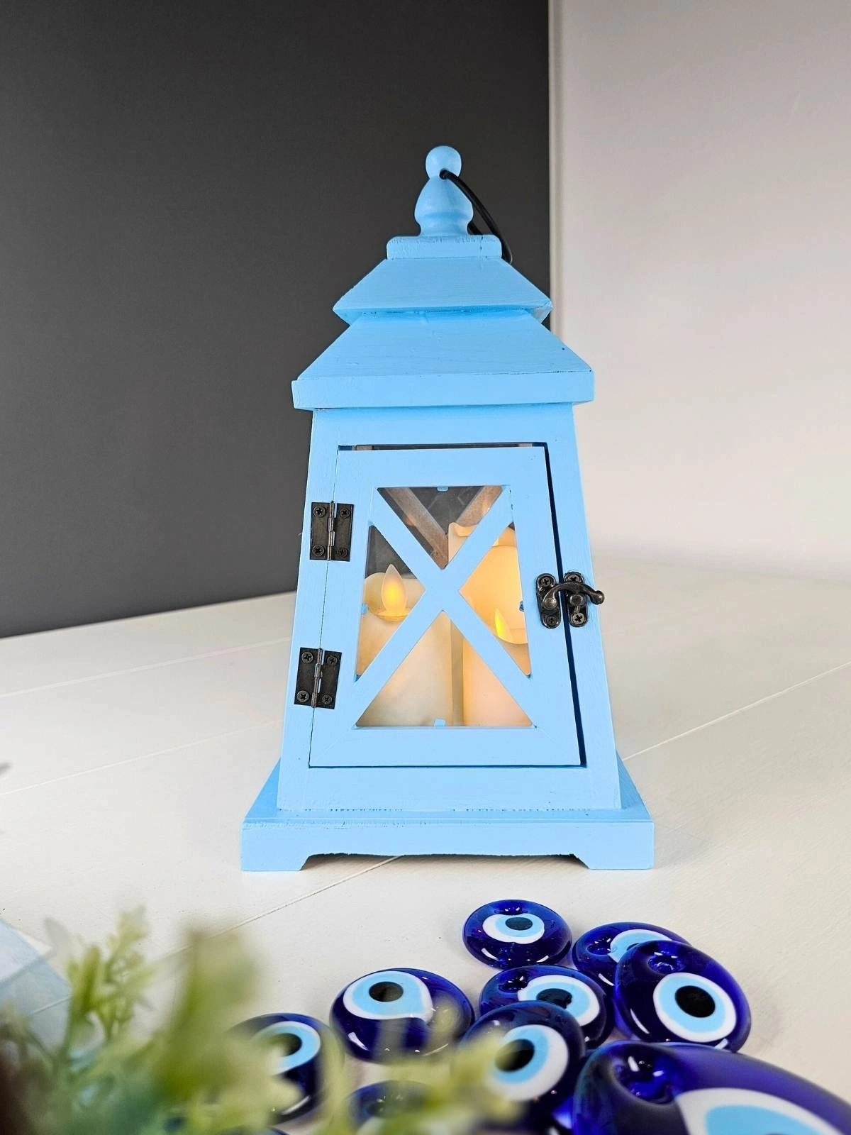 Mavi Ahşap Fener Led Işıklı 30cm