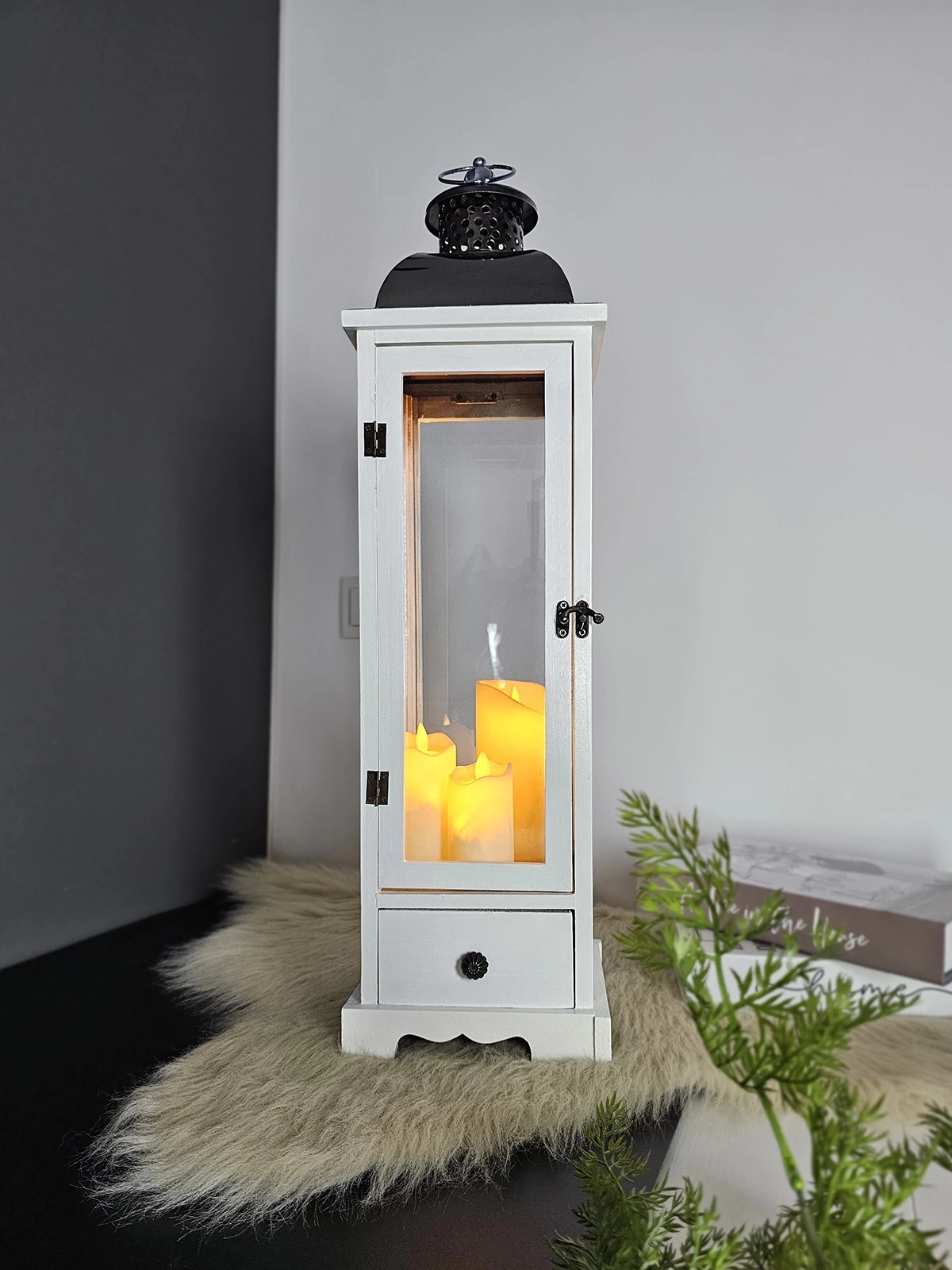 Ahşap Mumluk Fener Kaliminos Beyaz 70cm