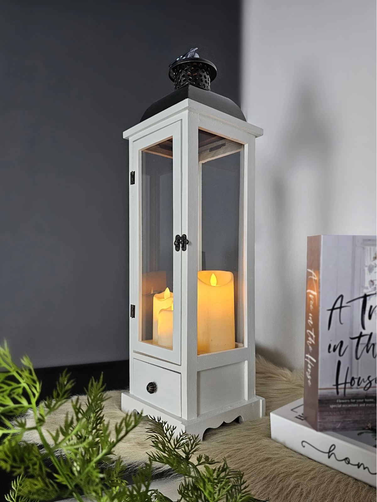 Ahşap Mumluk Fener Kaliminos Beyaz 70cm