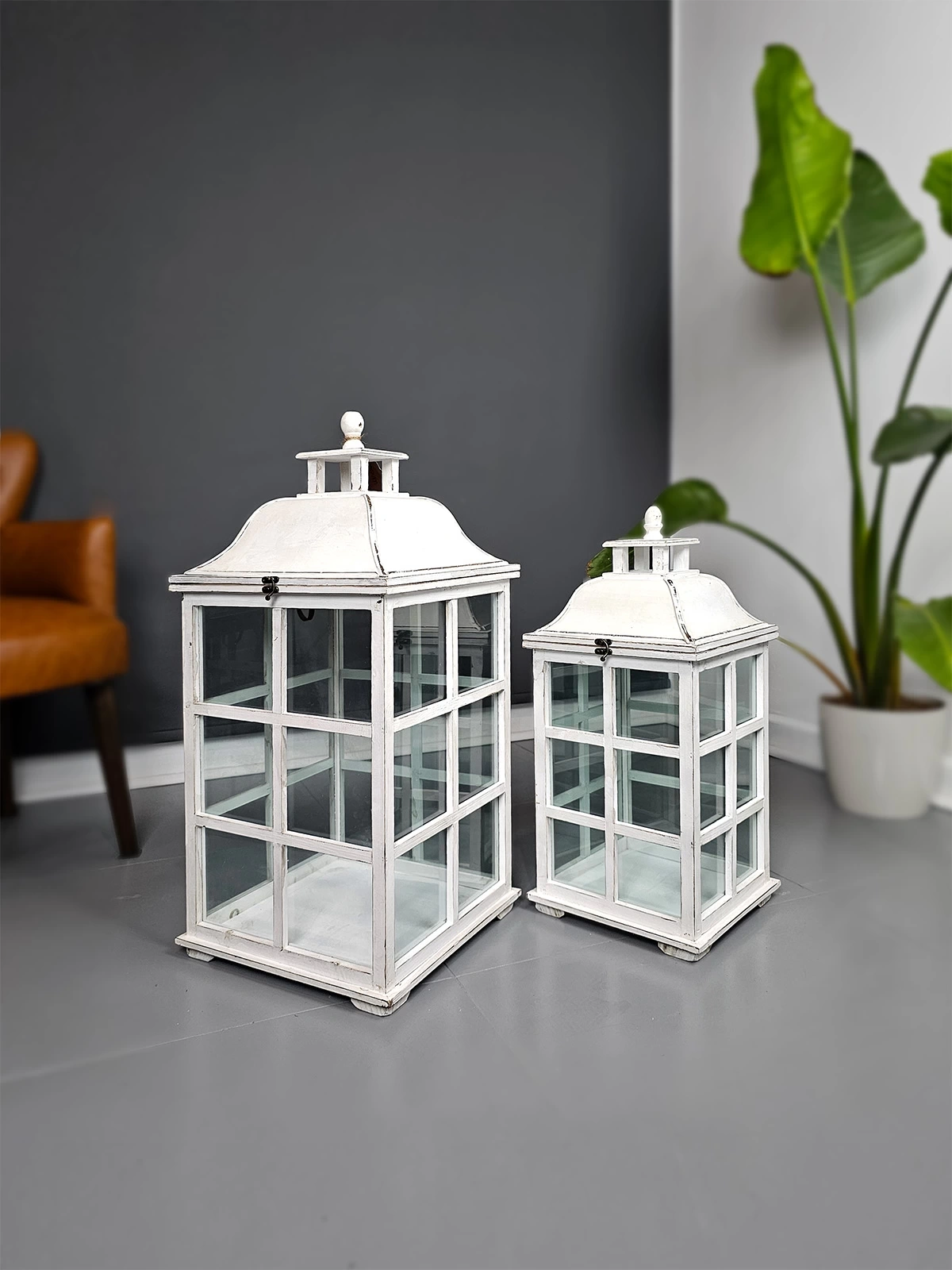 Allegra Rustik Eskitme Beyaz Ahşap Fener Mumluk İkili Set