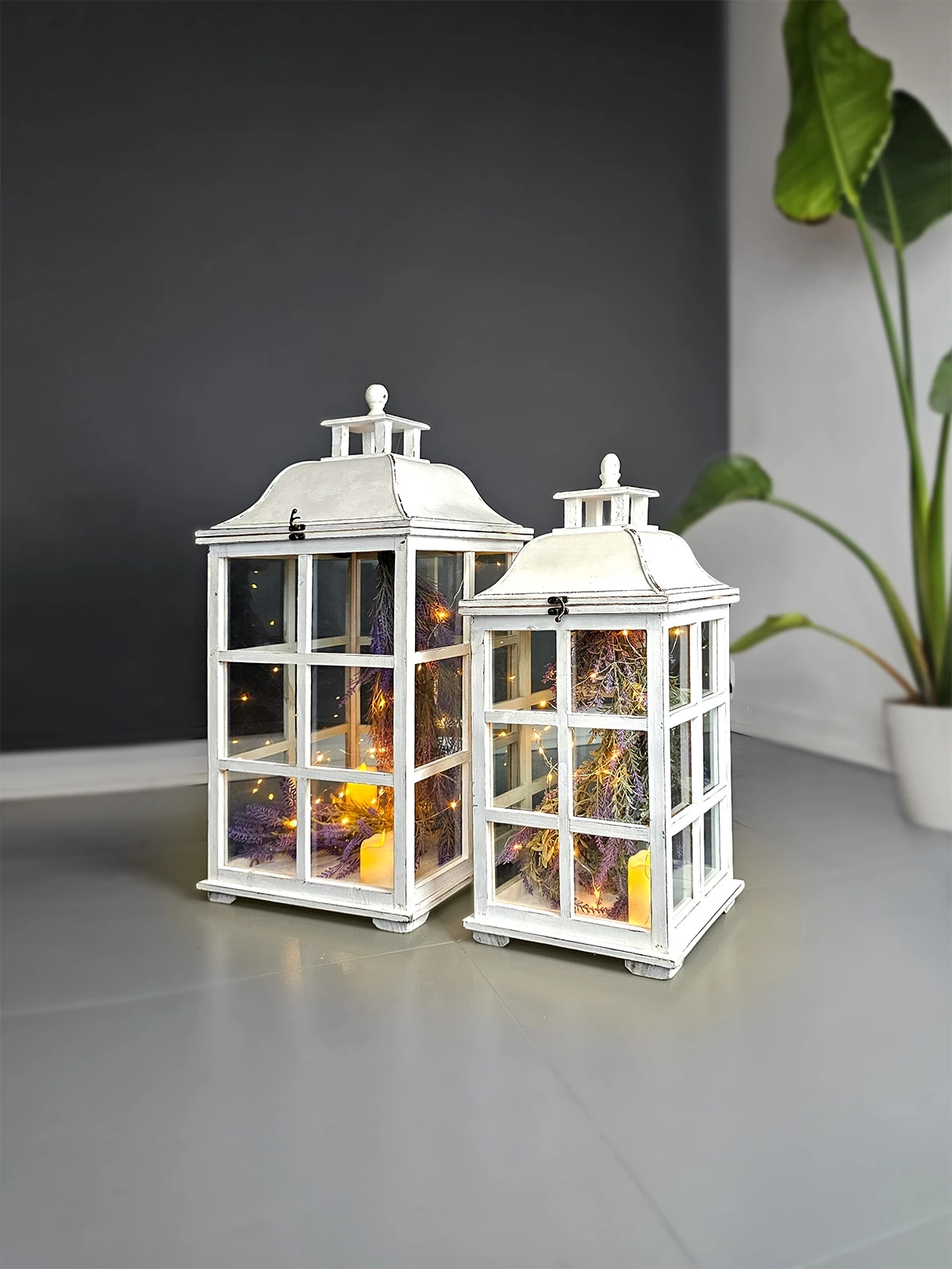 Allegra Rustik Eskitme Beyaz Ahşap Fener Mumluk İkili Set