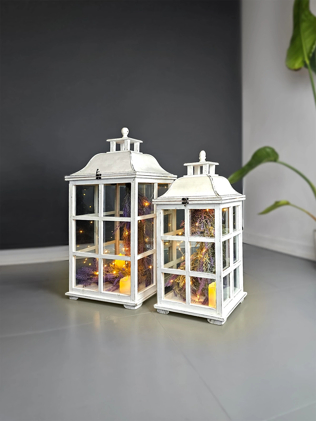 Allegra Rustik Eskitme Beyaz Ahşap Fener Mumluk İkili Set