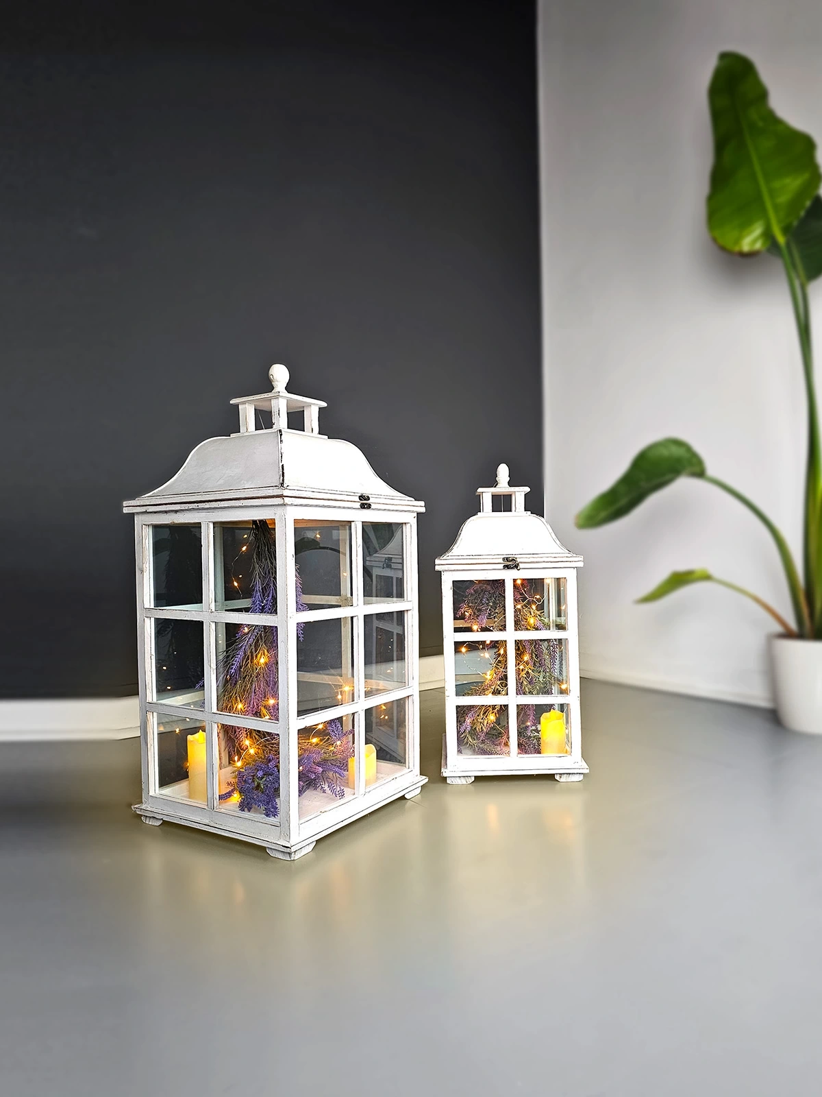 Allegra Rustik Eskitme Beyaz Ahşap Fener Mumluk İkili Set