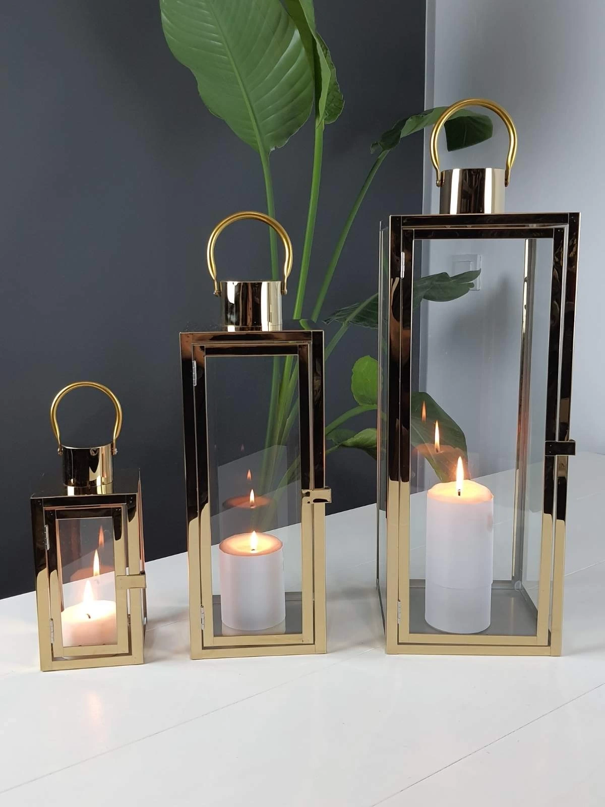 Aura Gold Paslanmaz Çelik Üçlü Mumluk Fener Seti
