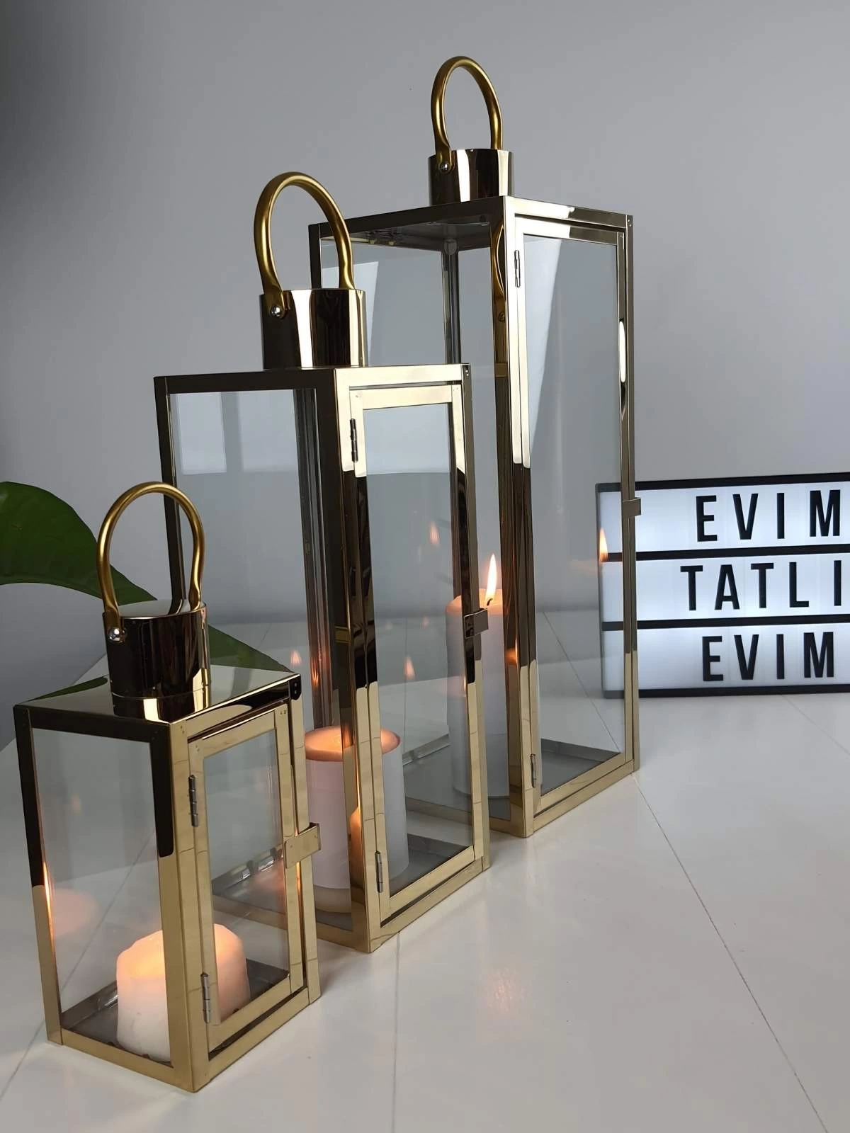 Aura Gold Paslanmaz Çelik Üçlü Mumluk Fener Seti