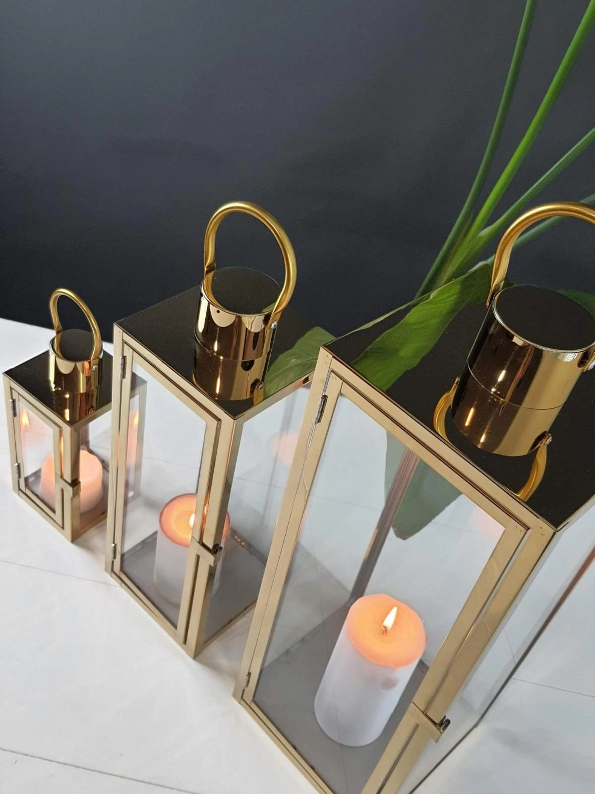 Aura Gold Paslanmaz Çelik Üçlü Mumluk Fener Seti