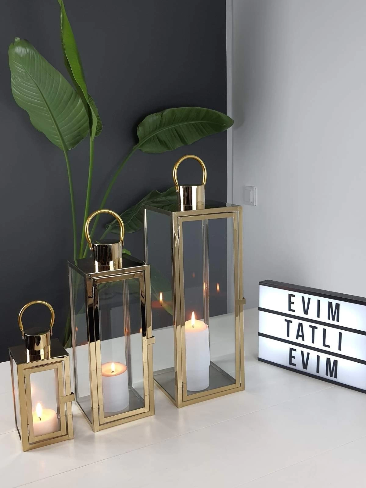 Aura Gold Paslanmaz Çelik Üçlü Mumluk Fener Seti
