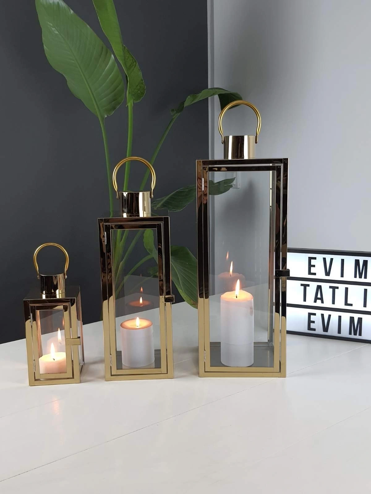 Aura Gold Paslanmaz Çelik Üçlü Mumluk Fener Seti