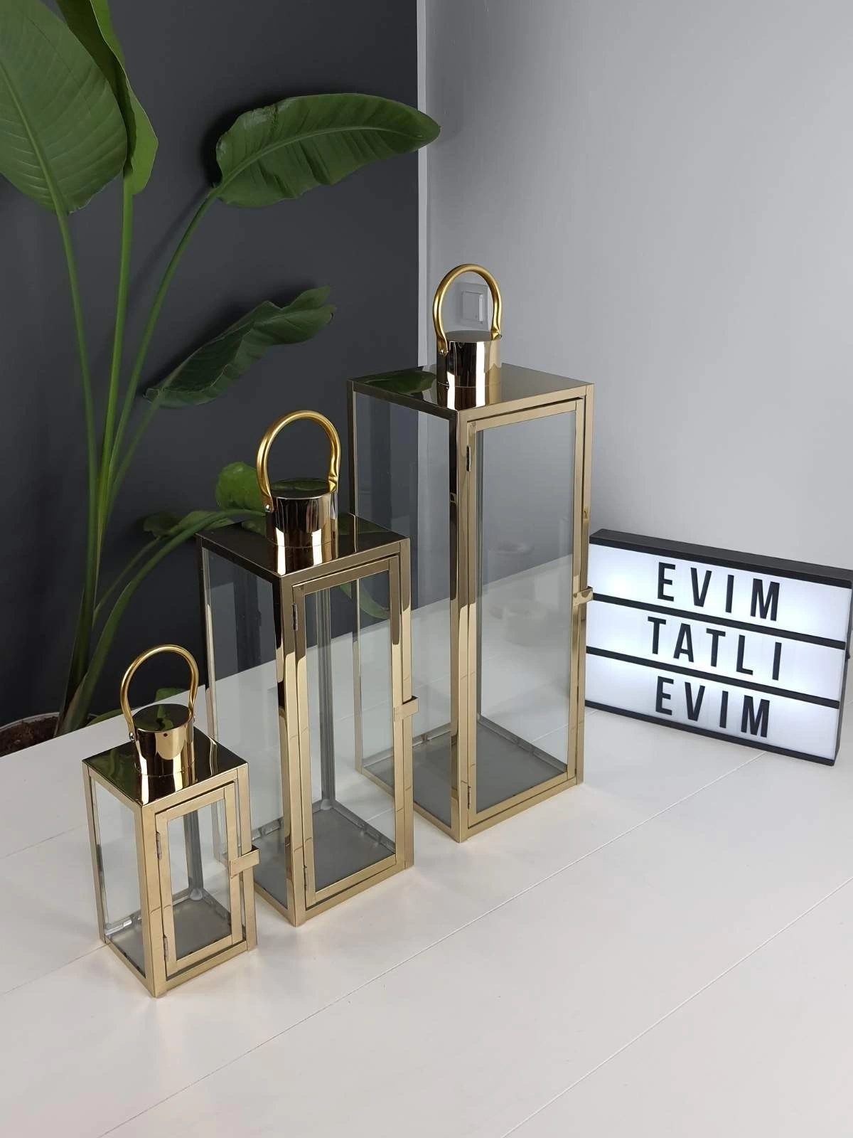 Aura Gold Paslanmaz Çelik Üçlü Mumluk Fener Seti