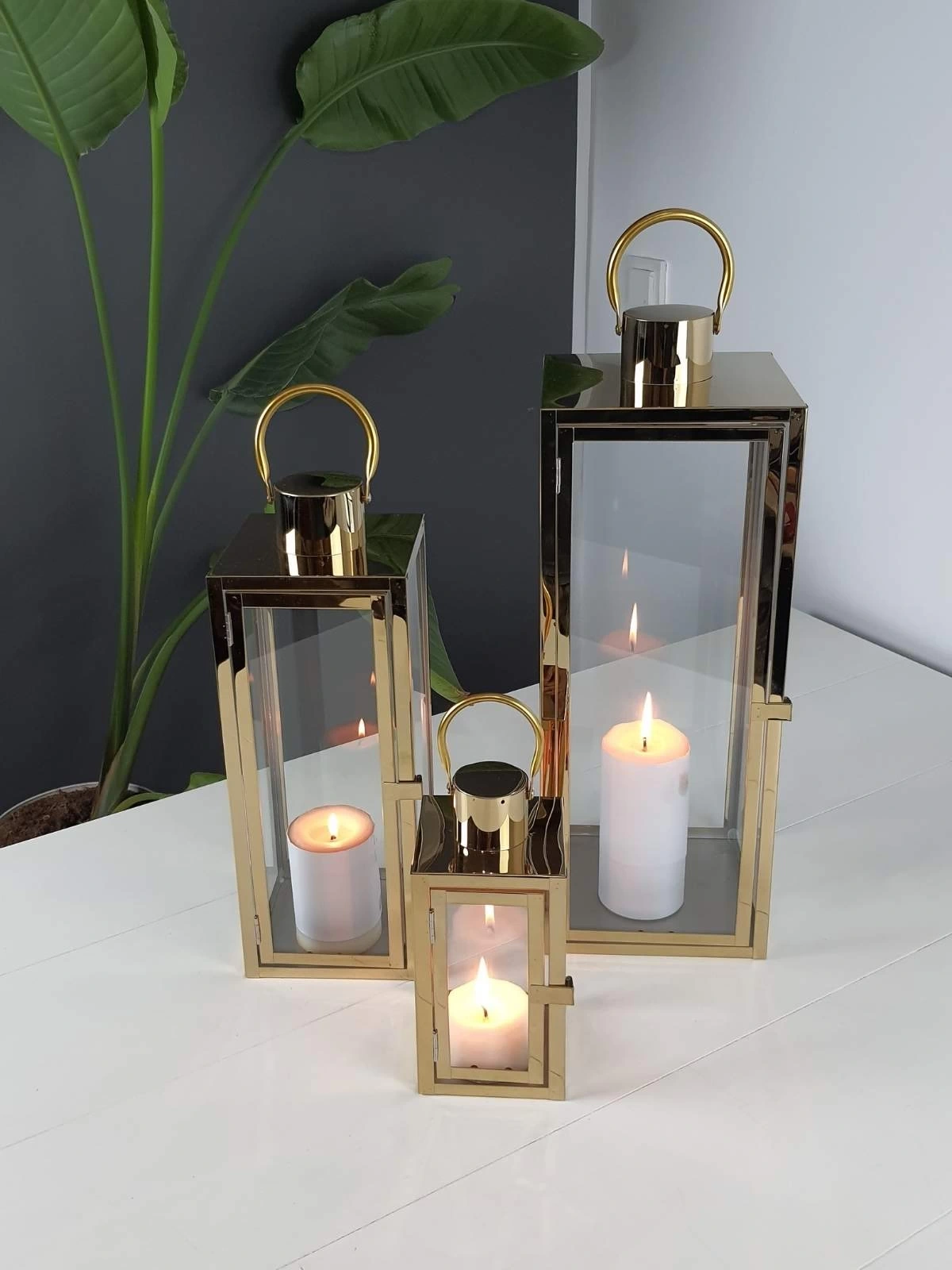 Aura Gold Paslanmaz Çelik Üçlü Mumluk Fener Seti