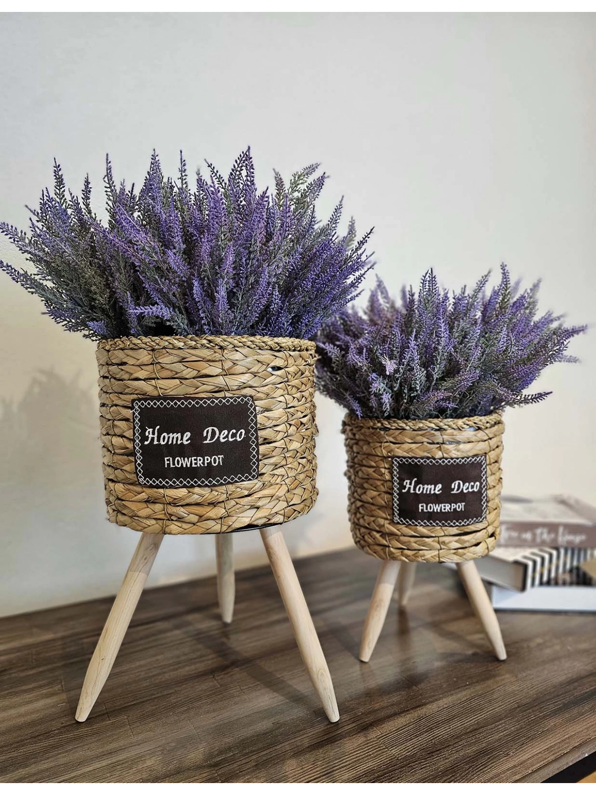 Ayaklı Hasır Saksı ve Çiçeklik Seti İçi Naylonlu Bej