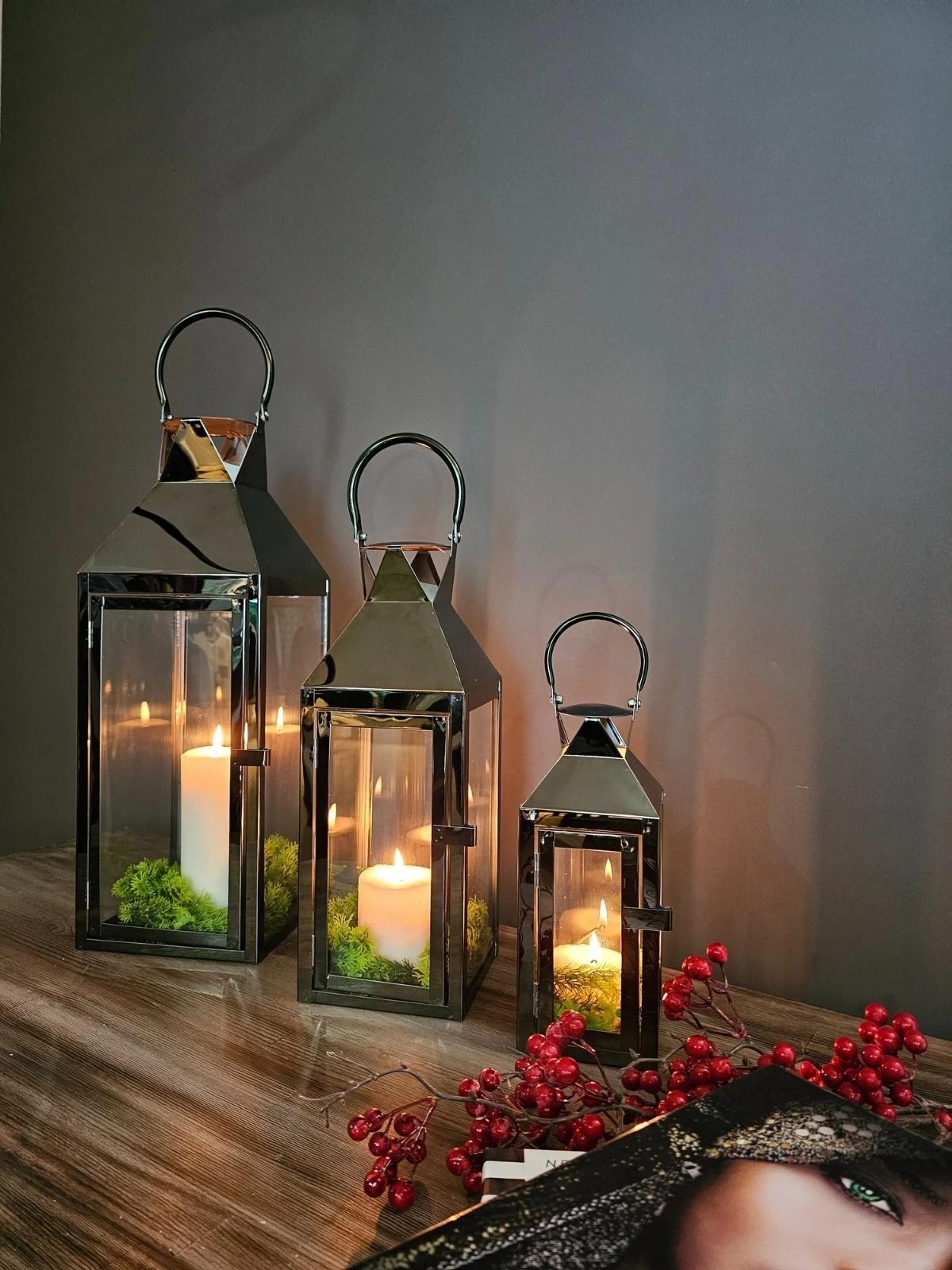 Black Mirror Paslanmaz Çelik Üçlü Mumluk Fener Seti