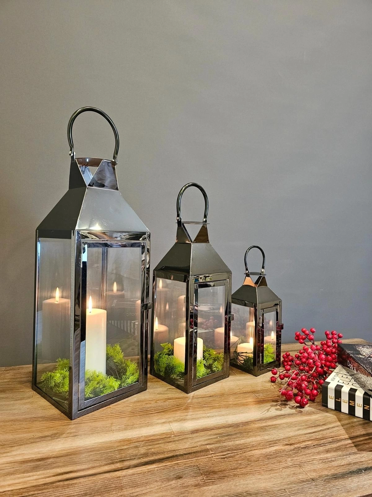 Black Mirror Paslanmaz Çelik Üçlü Mumluk Fener Seti