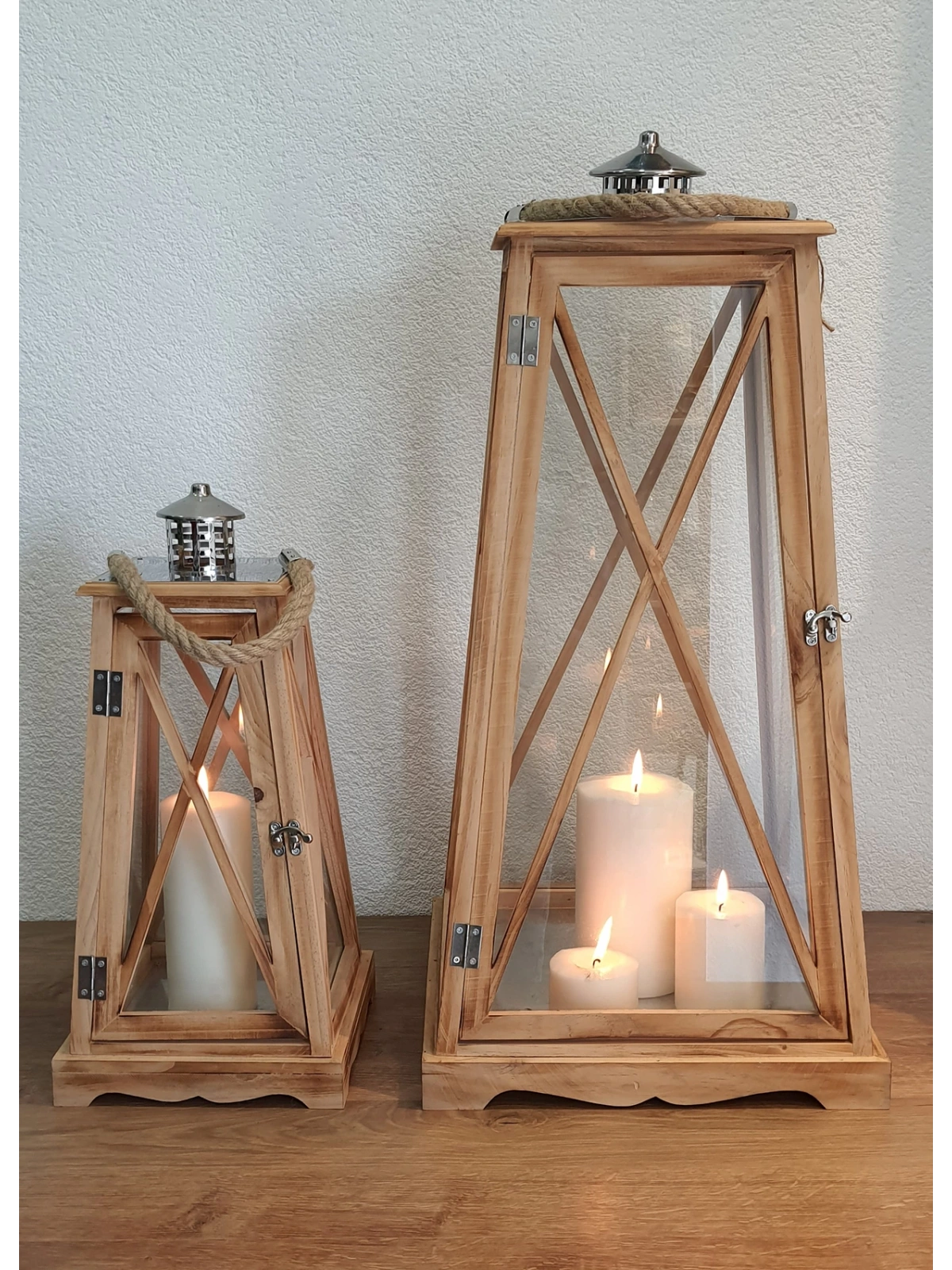 Çelik Çatılı İkili Ahşap Mumluk Fener Seti Sumatra