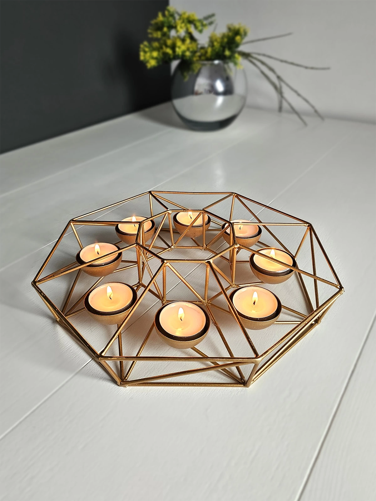 Dekoratif Metal Tealight Mumluk 8 Hazneli 28cm