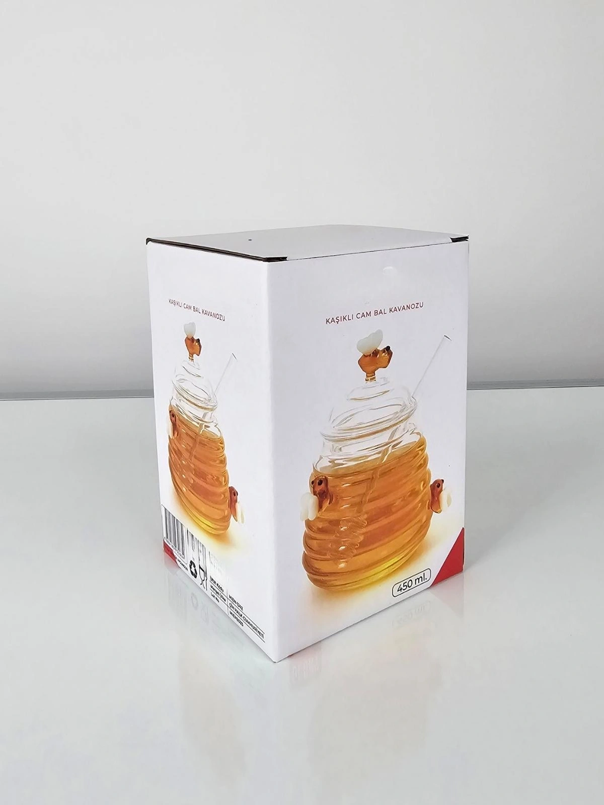 El Yapımı Borosilikat Cam Bal Kavanozu – Arı Figürlü & Kaşıklı (450 ml)