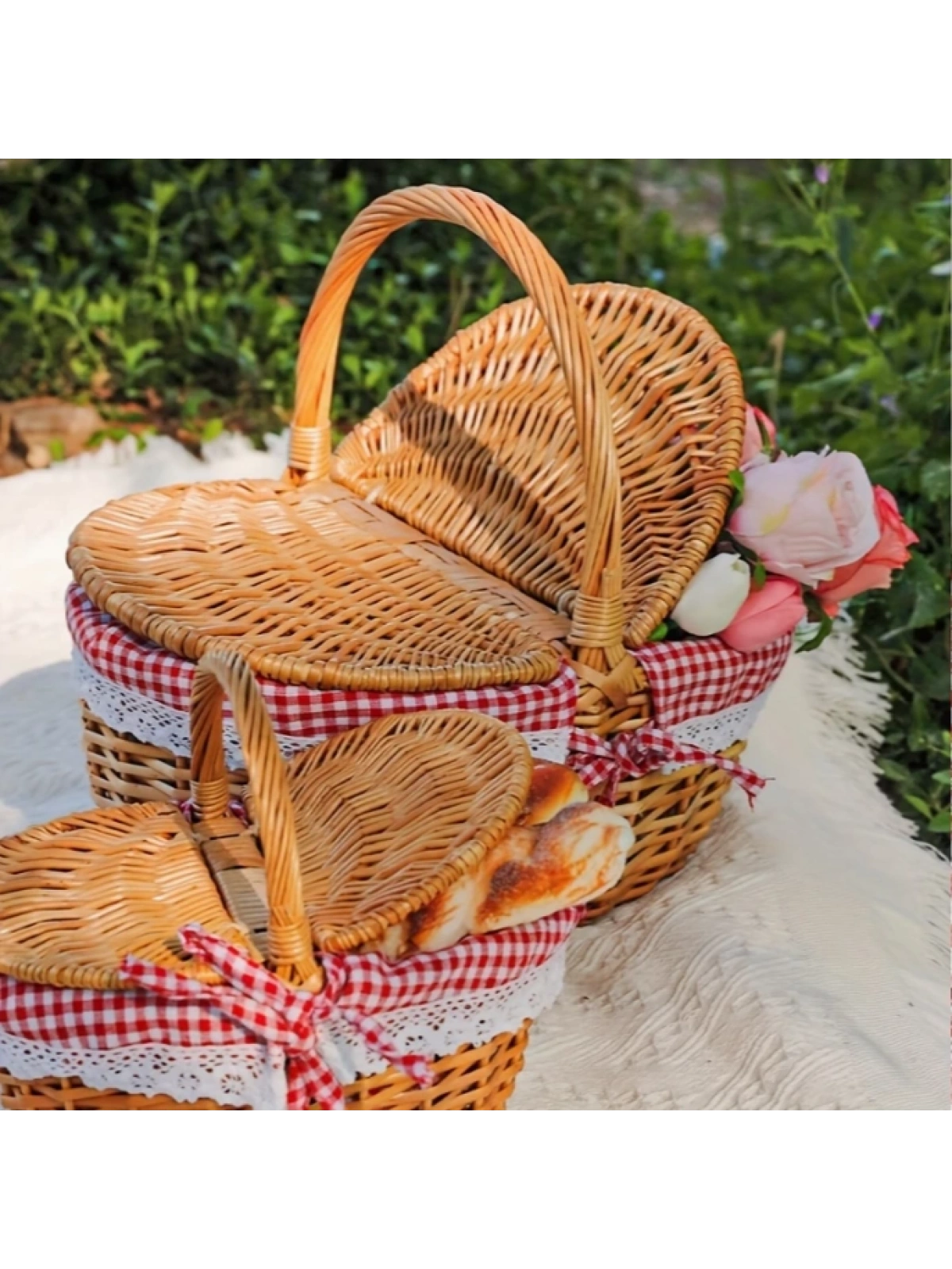 Hasır Piknik Sepeti Çift Kapaklı Kırmızı Astarlı 40cm