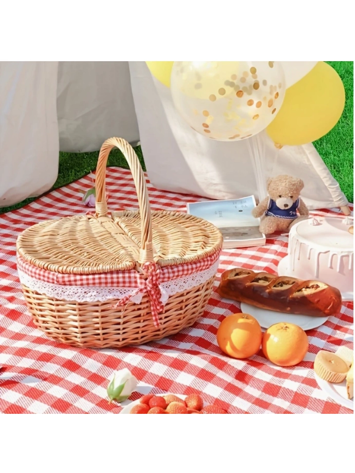 Hasır Piknik Sepeti Çift Kapaklı Kırmızı Astarlı 40cm