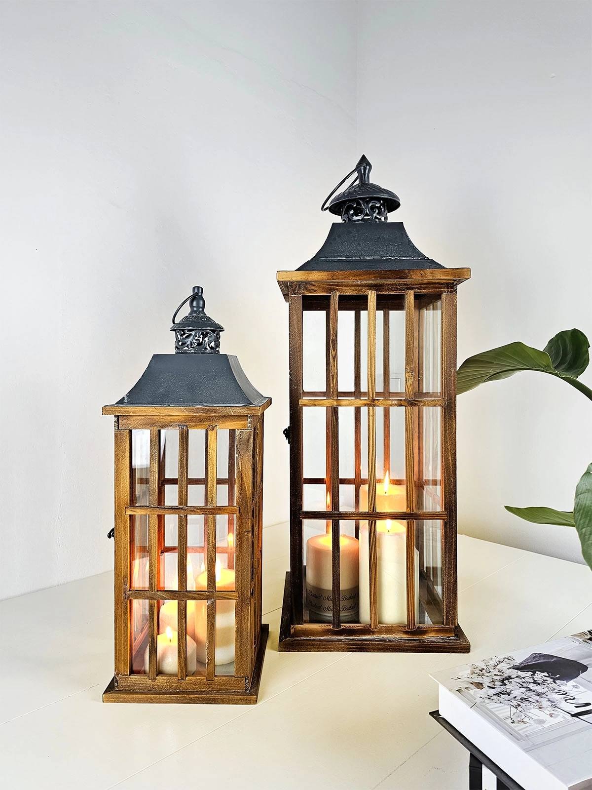 İkili Büyük Boy Metal Çatılı Ahşap Mumluk Fener Seti Nanga