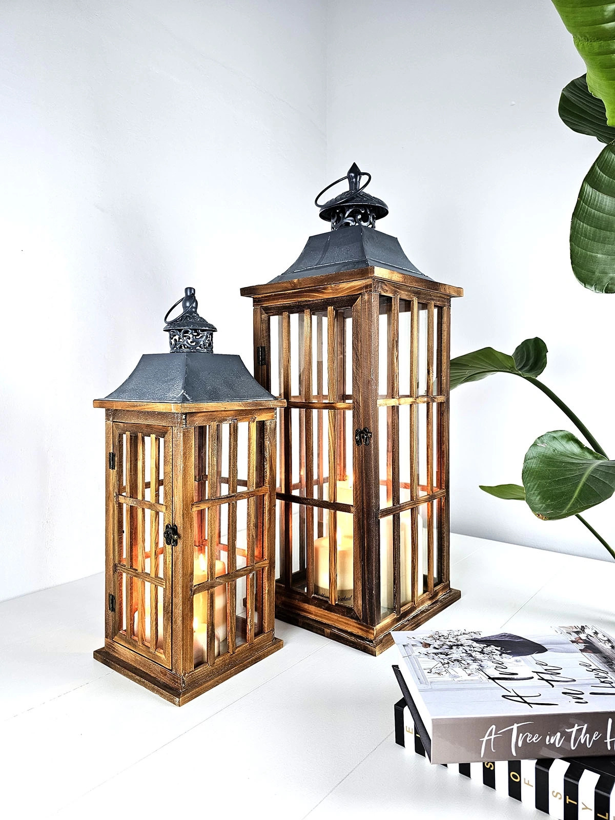 İkili Büyük Boy Metal Çatılı Ahşap Mumluk Fener Seti Nanga