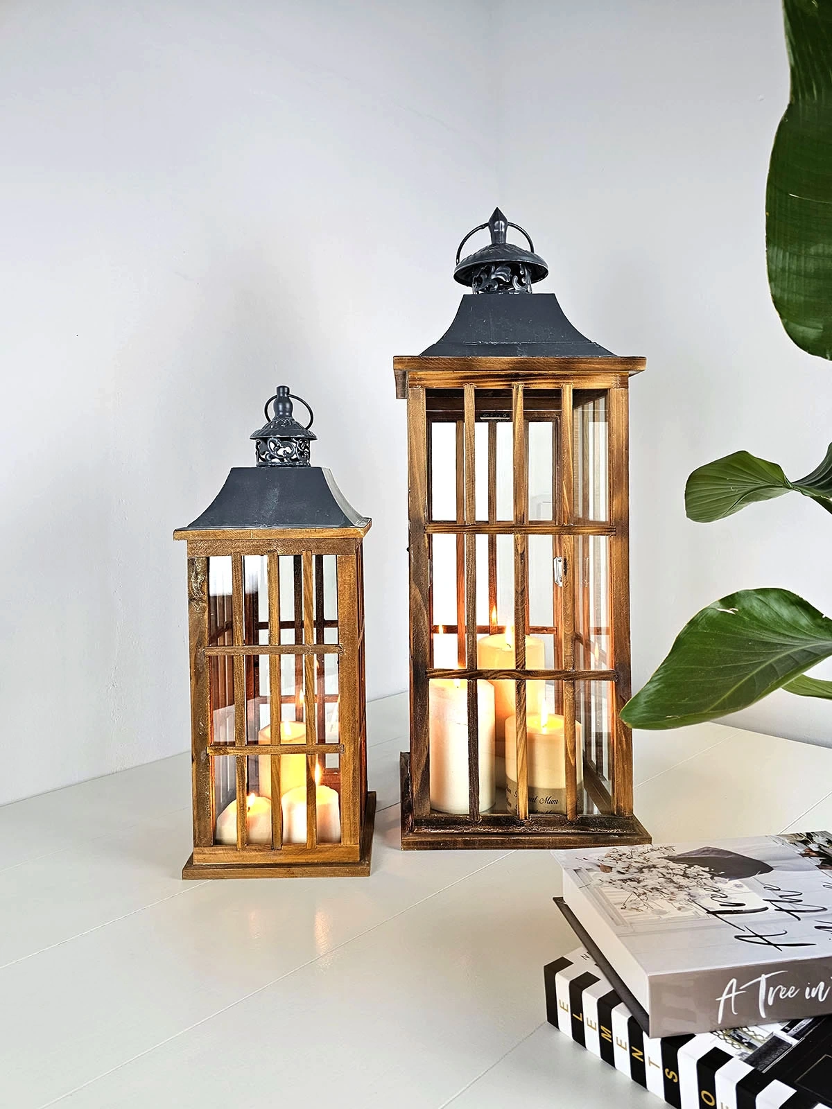 İkili Büyük Boy Metal Çatılı Ahşap Mumluk Fener Seti Nanga