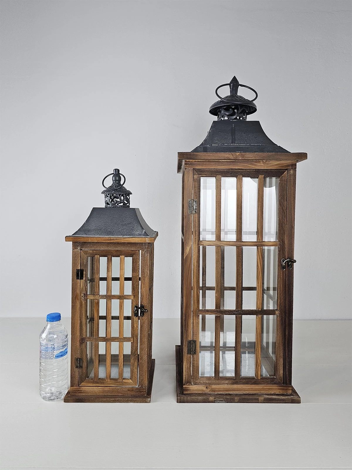 İkili Büyük Boy Metal Çatılı Ahşap Mumluk Fener Seti Nanga