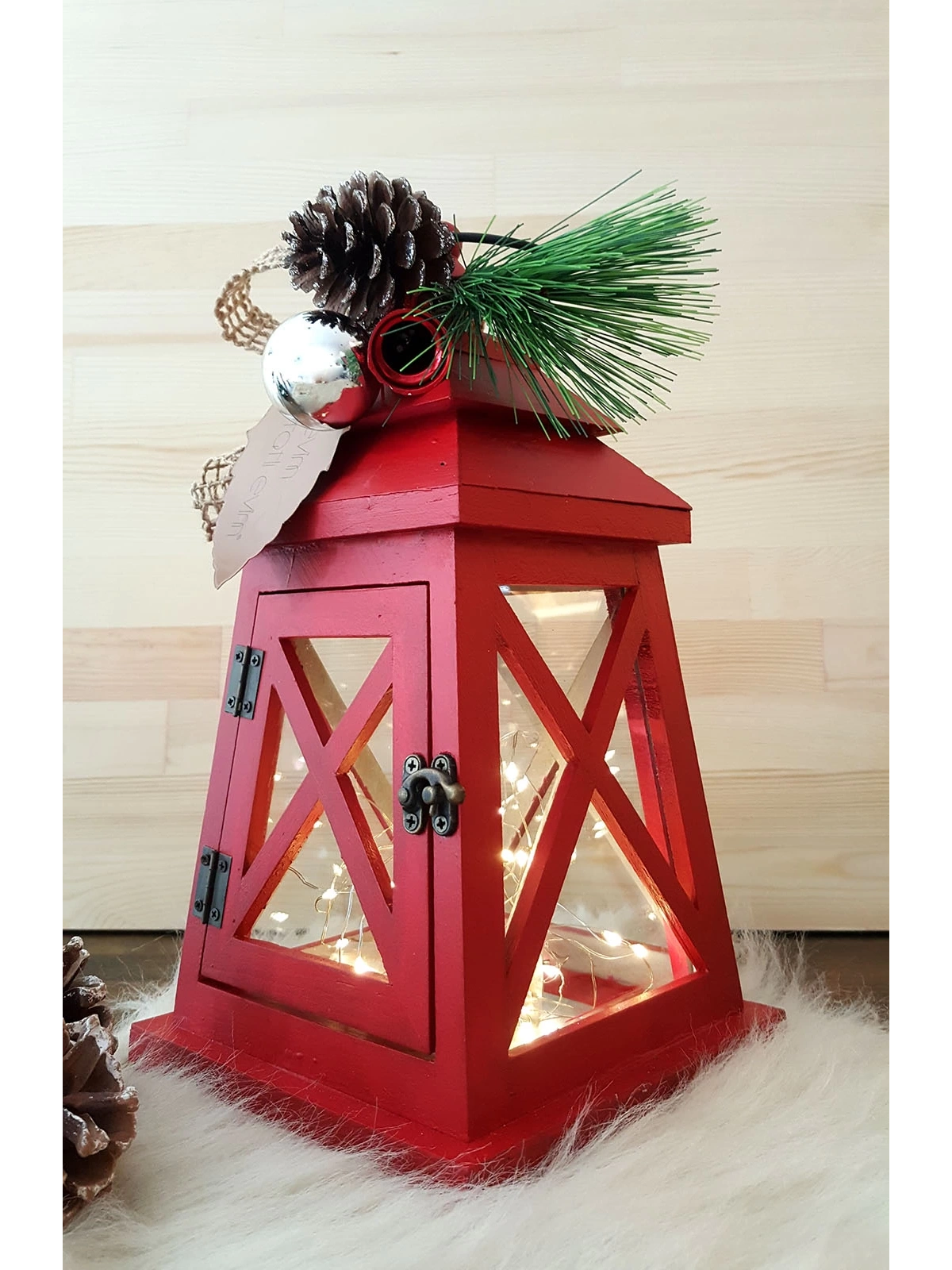 Kırmızı Ahşap Fener Yeni Yıl Konseptli Led Işıklı 30cm