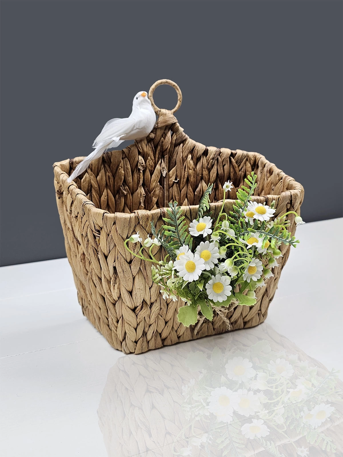 Kuş Figürlü Papatyalı Hasır Kapı Sepeti Gazetelik Posta Kutusu 30cm