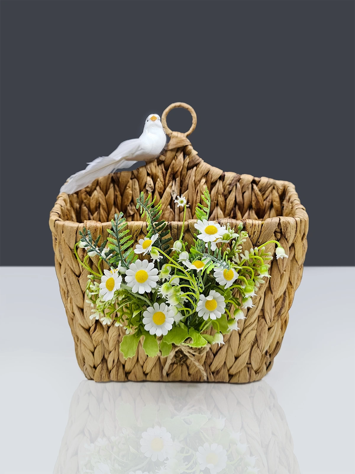 Kuş Figürlü Papatyalı Hasır Kapı Sepeti Gazetelik Posta Kutusu 30cm
