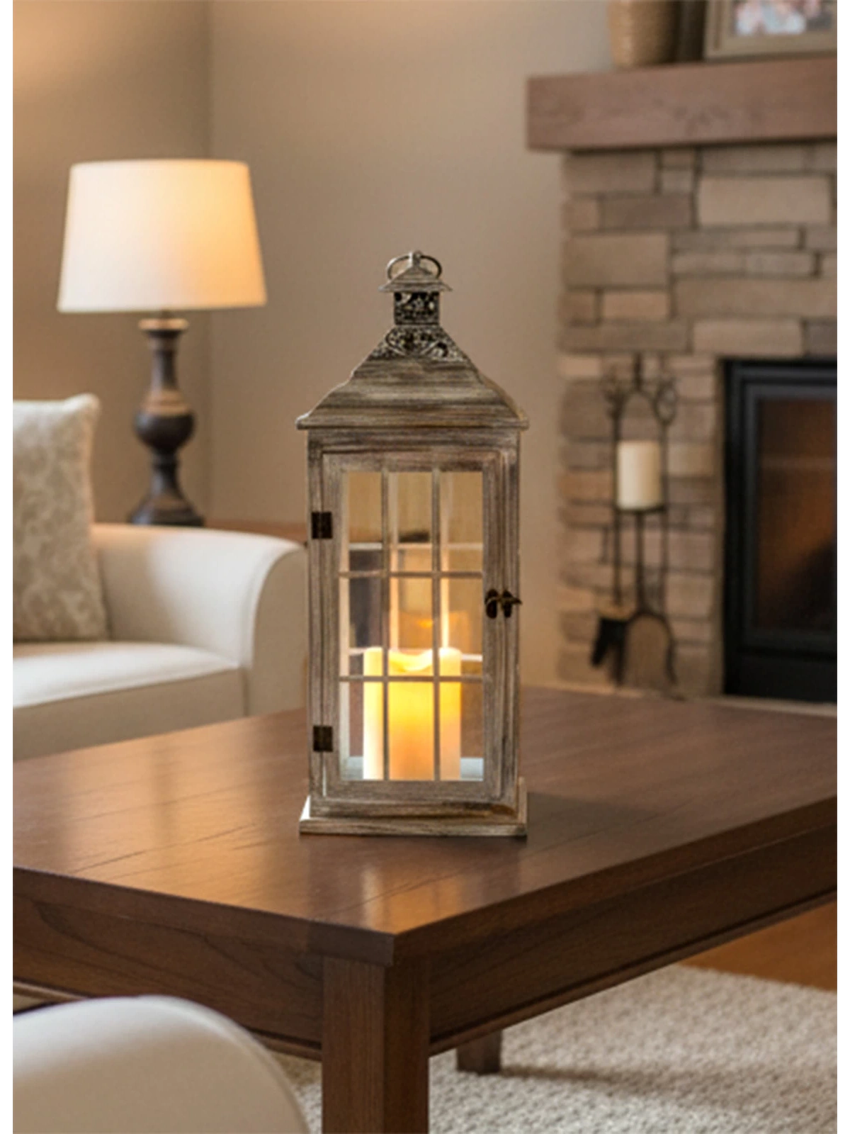 Mayorka Metal Çatılı Ahşap Mumluk Fener 55Cm