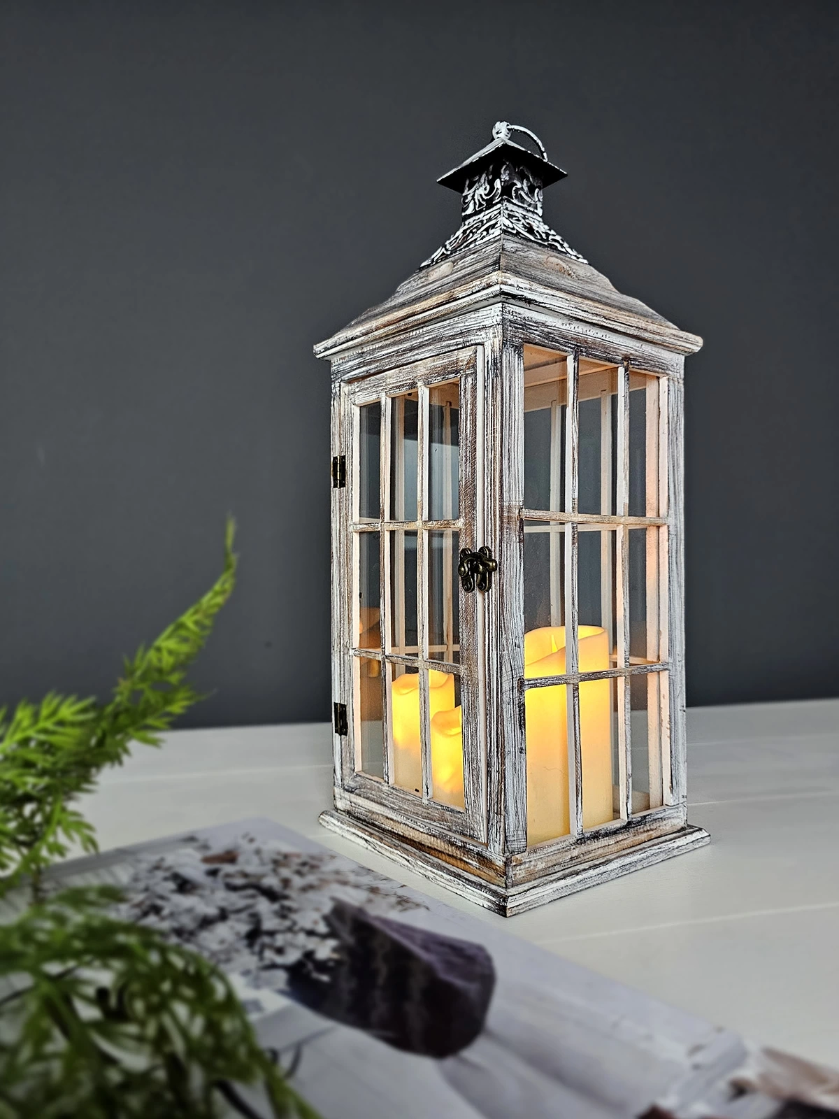 Mayorka Metal Çatılı Ahşap Mumluk Fener 55Cm