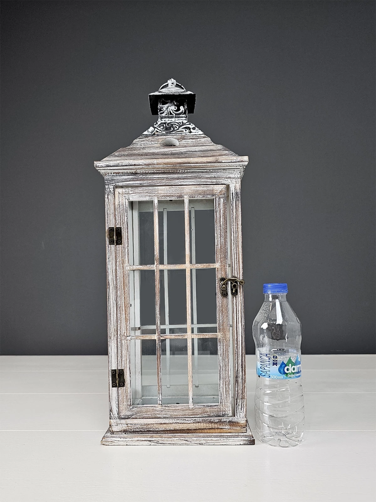 Mayorka Metal Çatılı Ahşap Mumluk Fener 55Cm