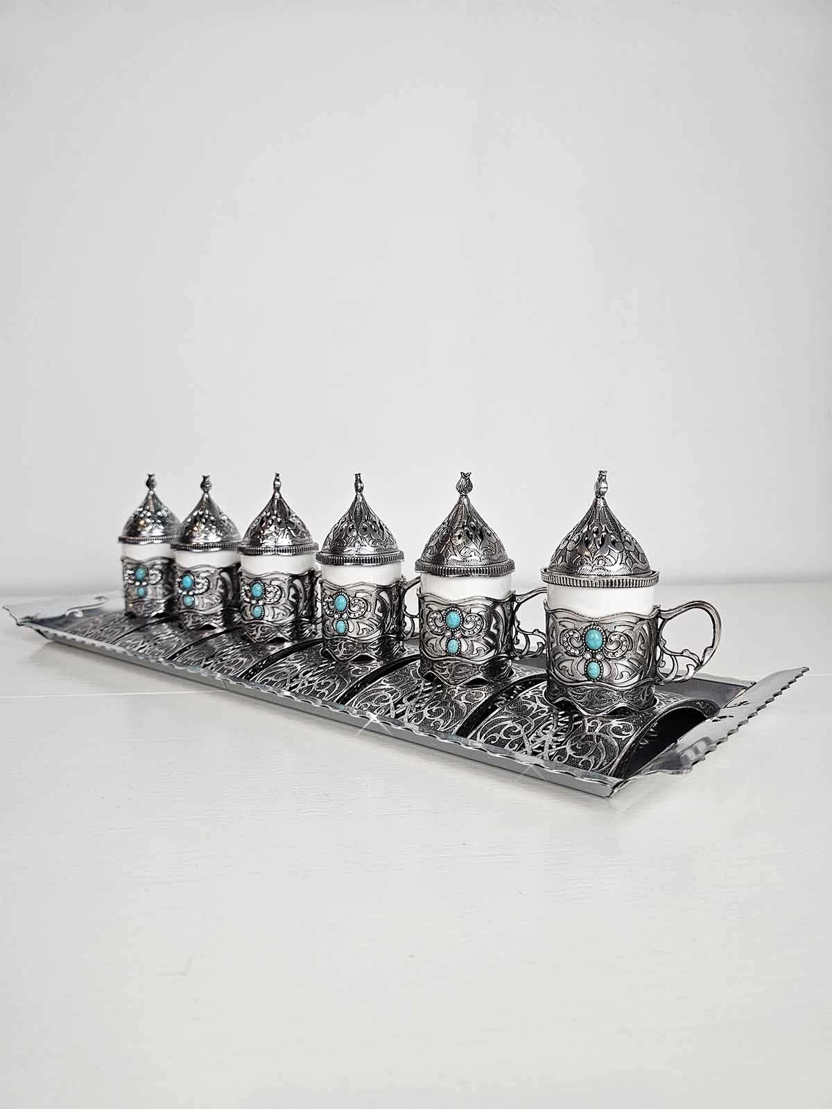 Nostaljik 6 Kişilik Tepsili Doğal Taşlı Metal Türk Kahvesi Fincan Takımı Antik Nikel