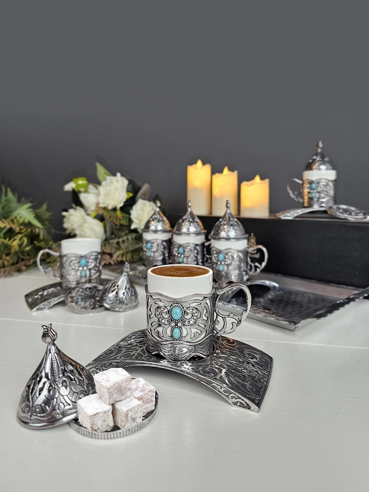 Nostaljik 6 Kişilik Tepsili Doğal Taşlı Metal Türk Kahvesi Fincan Takımı Antik Nikel