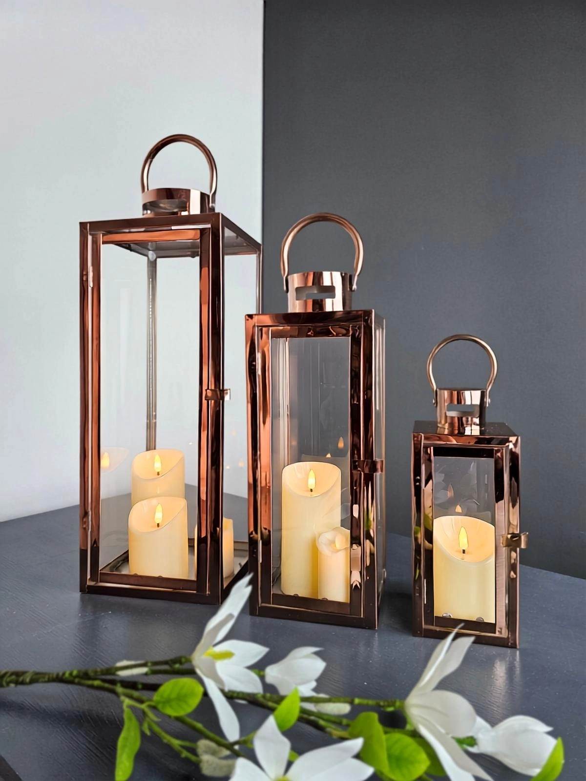 Rosa Trio Paslanmaz Çelik Üçlü Rosegold Mumluk Fener Seti