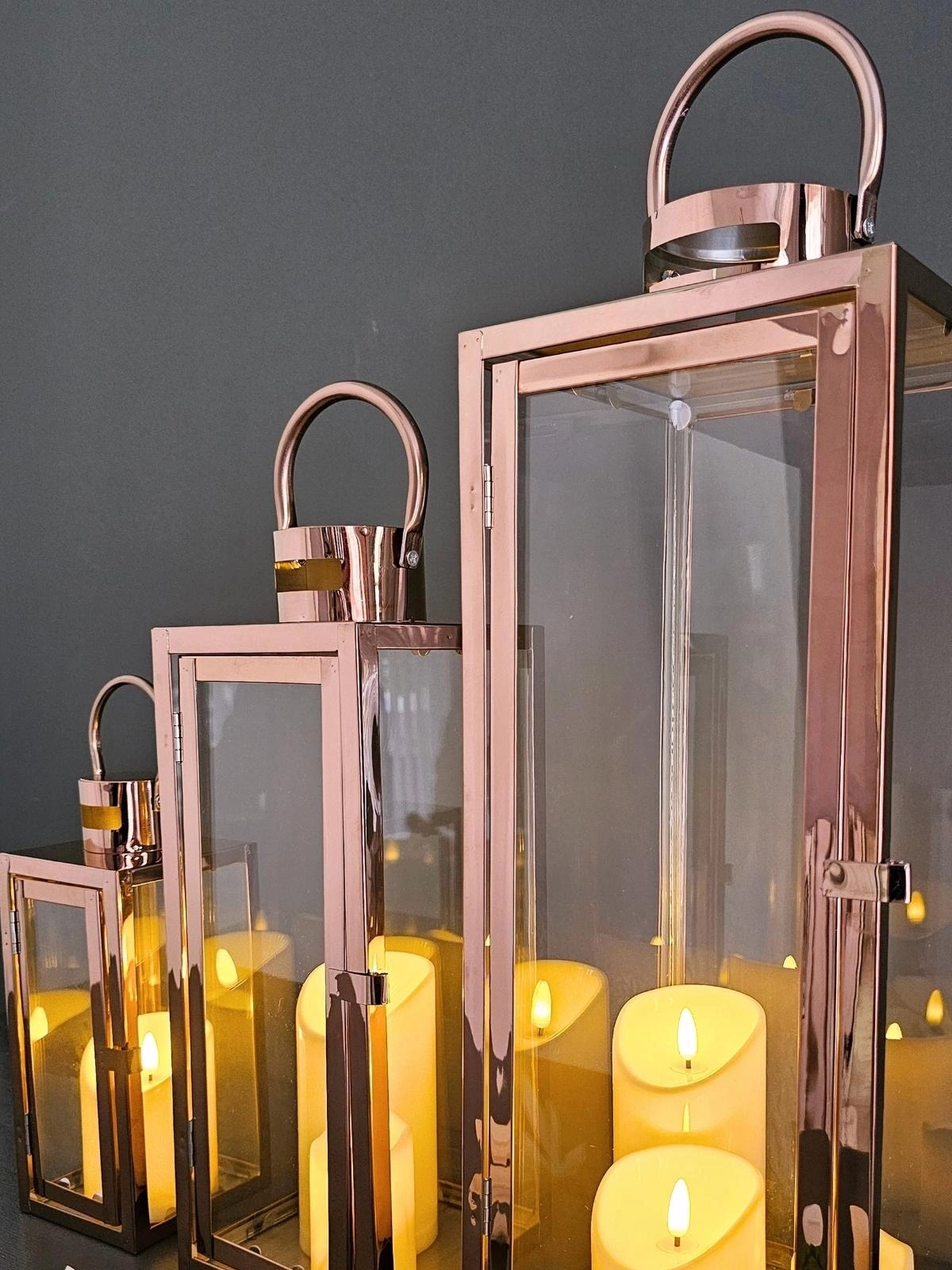 Rosa Trio Paslanmaz Çelik Üçlü Rosegold Mumluk Fener Seti