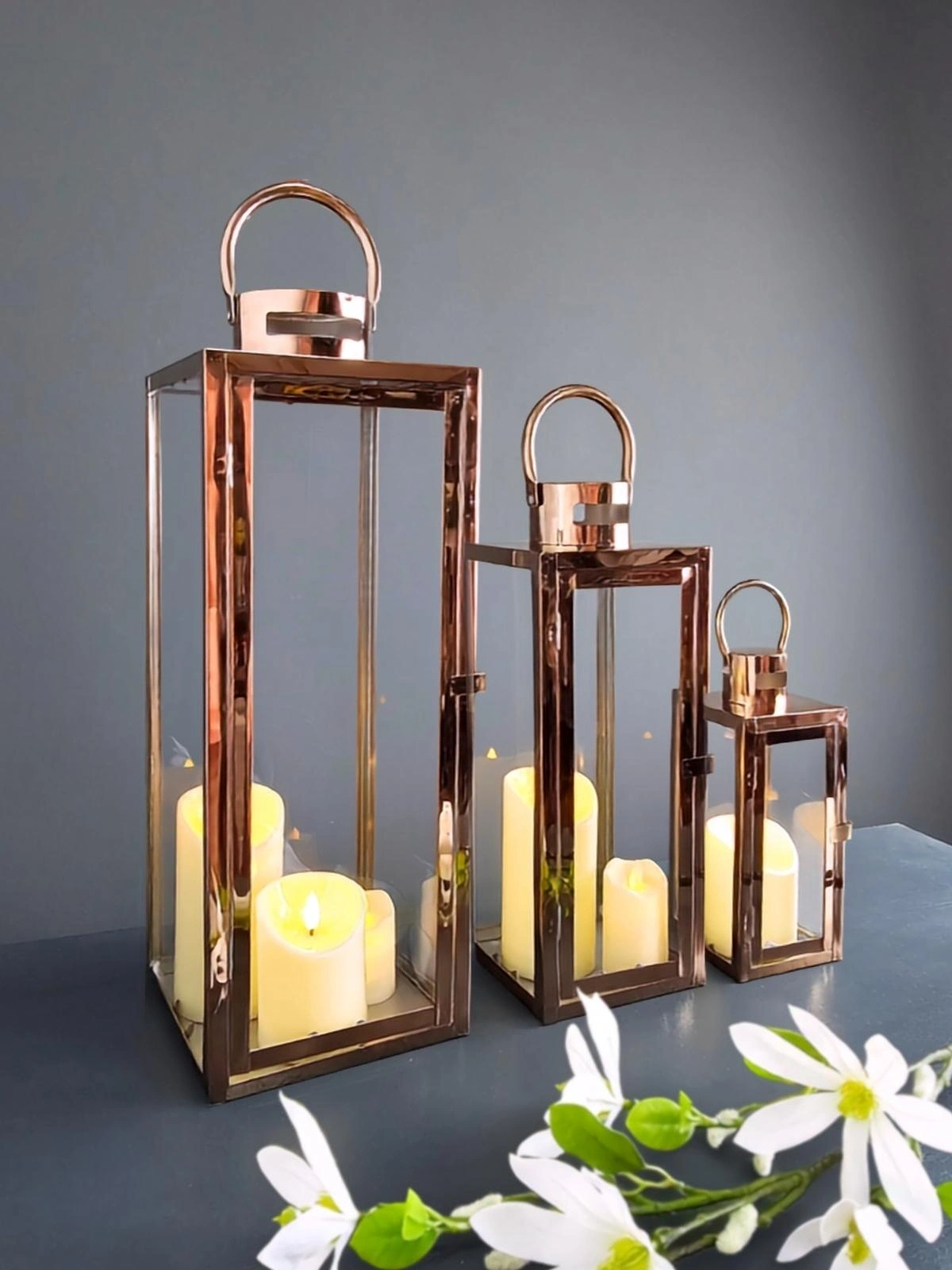 Rosa Trio Paslanmaz Çelik Üçlü Rosegold Mumluk Fener Seti