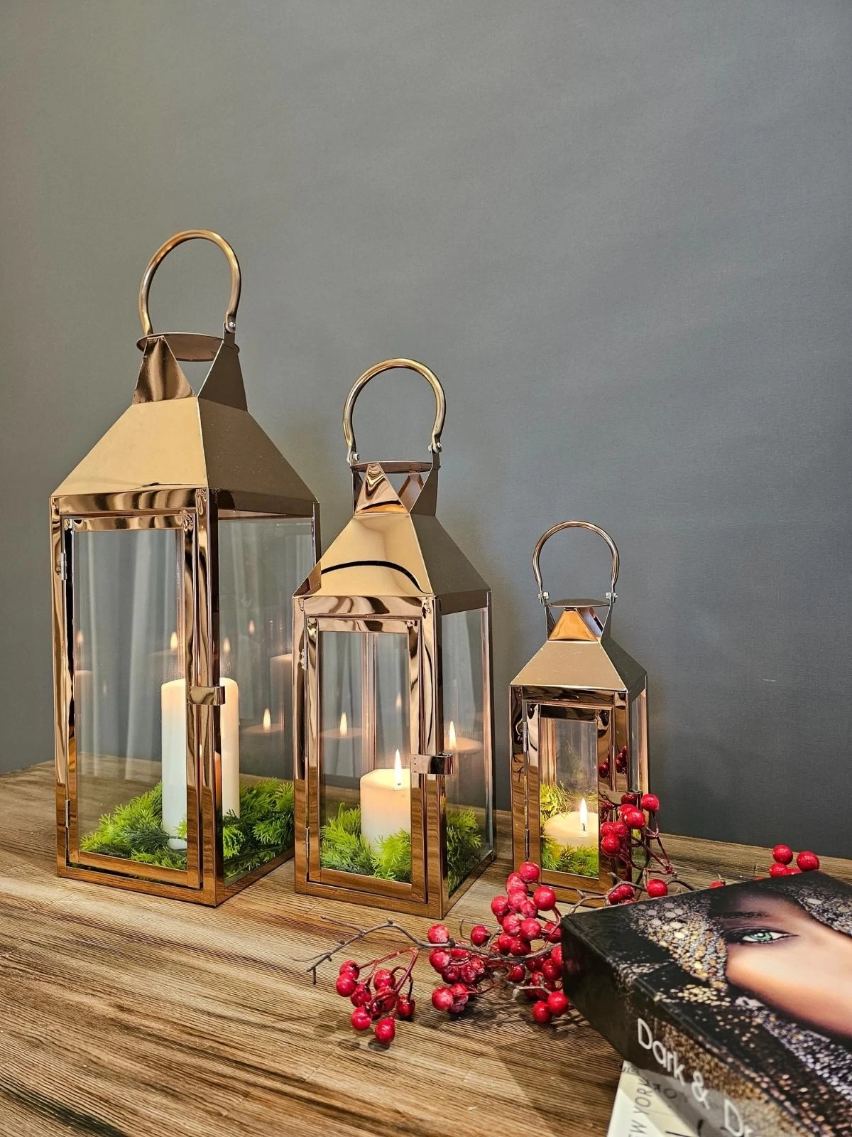 Rosegold Paslanmaz Çelik Üçlü Mumluk Fener Seti