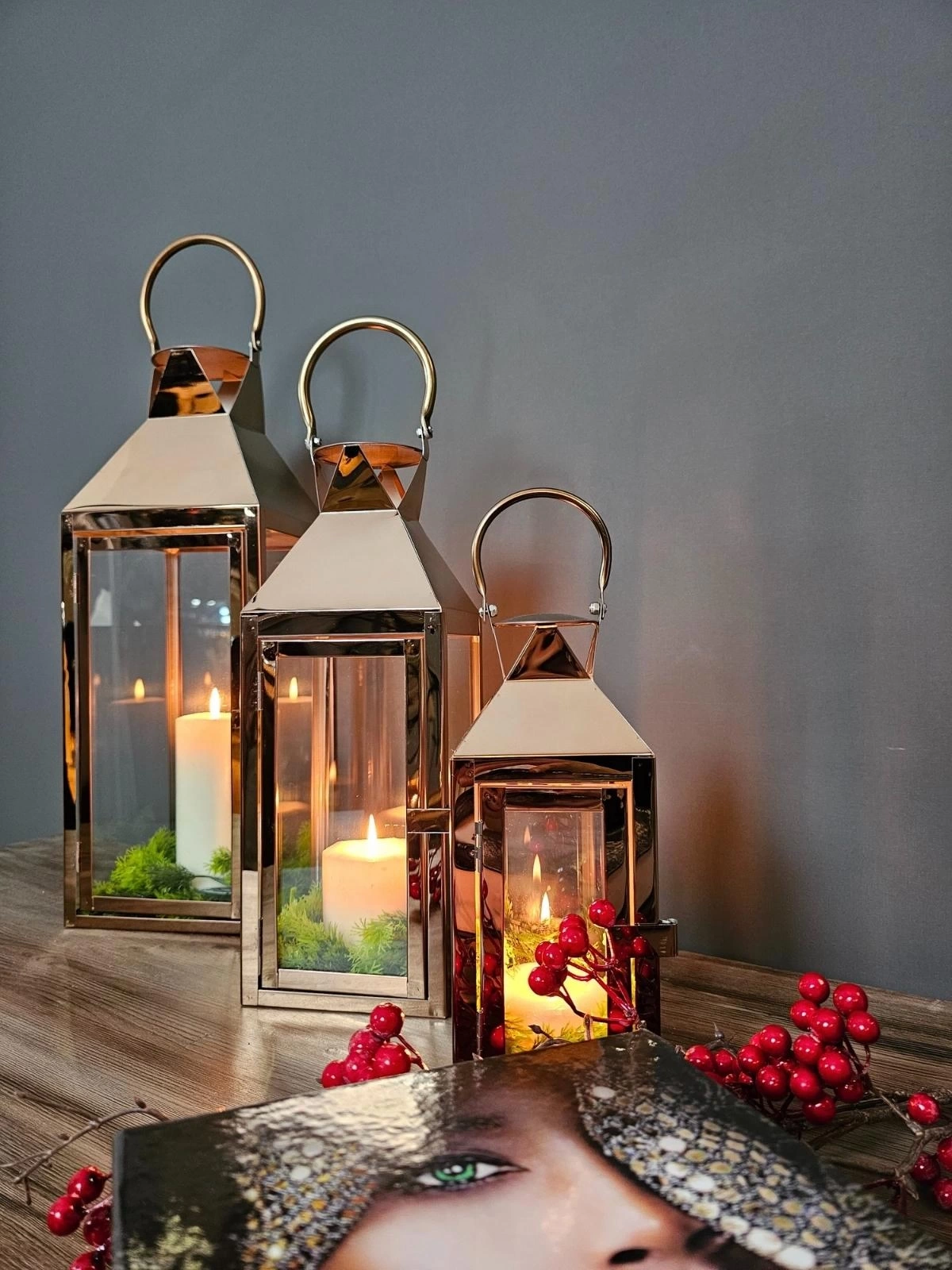 Rosegold Paslanmaz Çelik Üçlü Mumluk Fener Seti