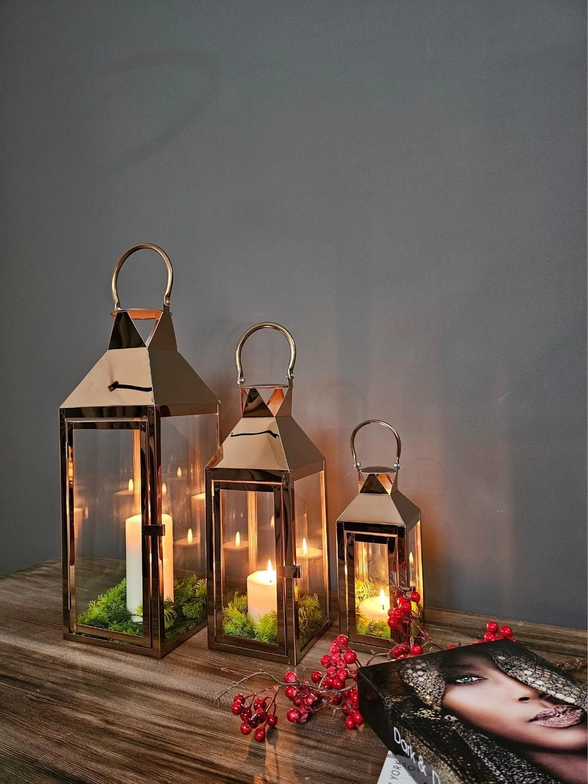 Rosegold Paslanmaz Çelik Üçlü Mumluk Fener Seti