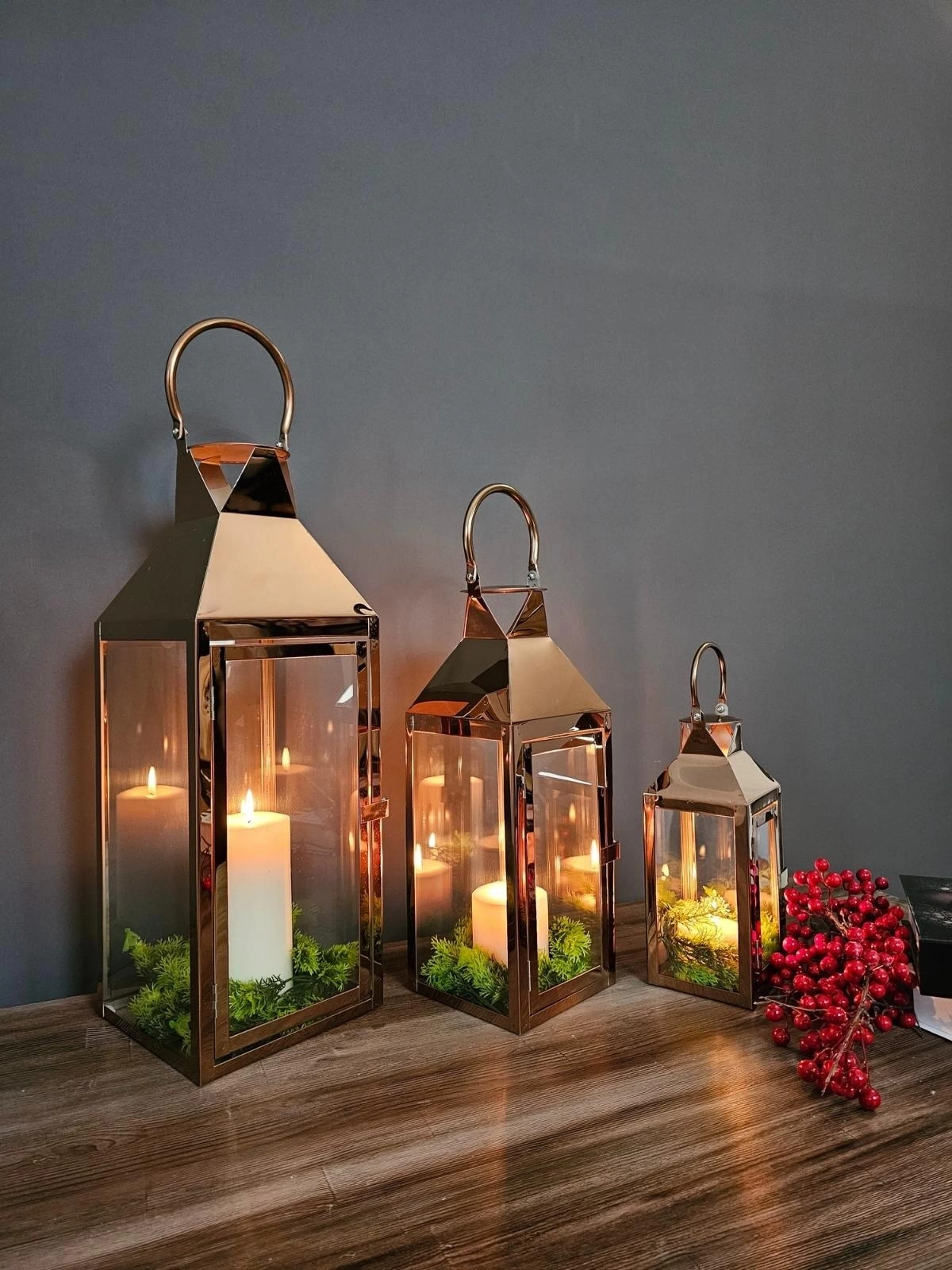 Rosegold Paslanmaz Çelik Üçlü Mumluk Fener Seti