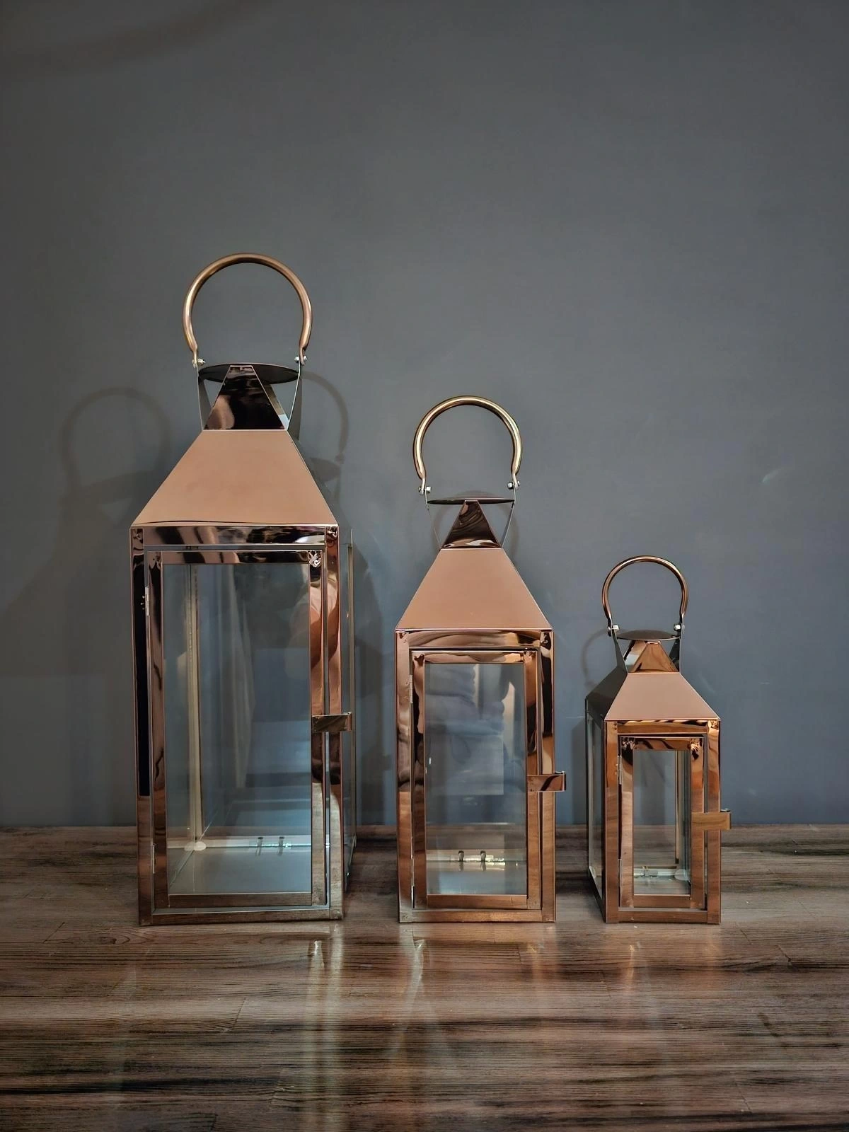 Rosegold Paslanmaz Çelik Üçlü Mumluk Fener Seti