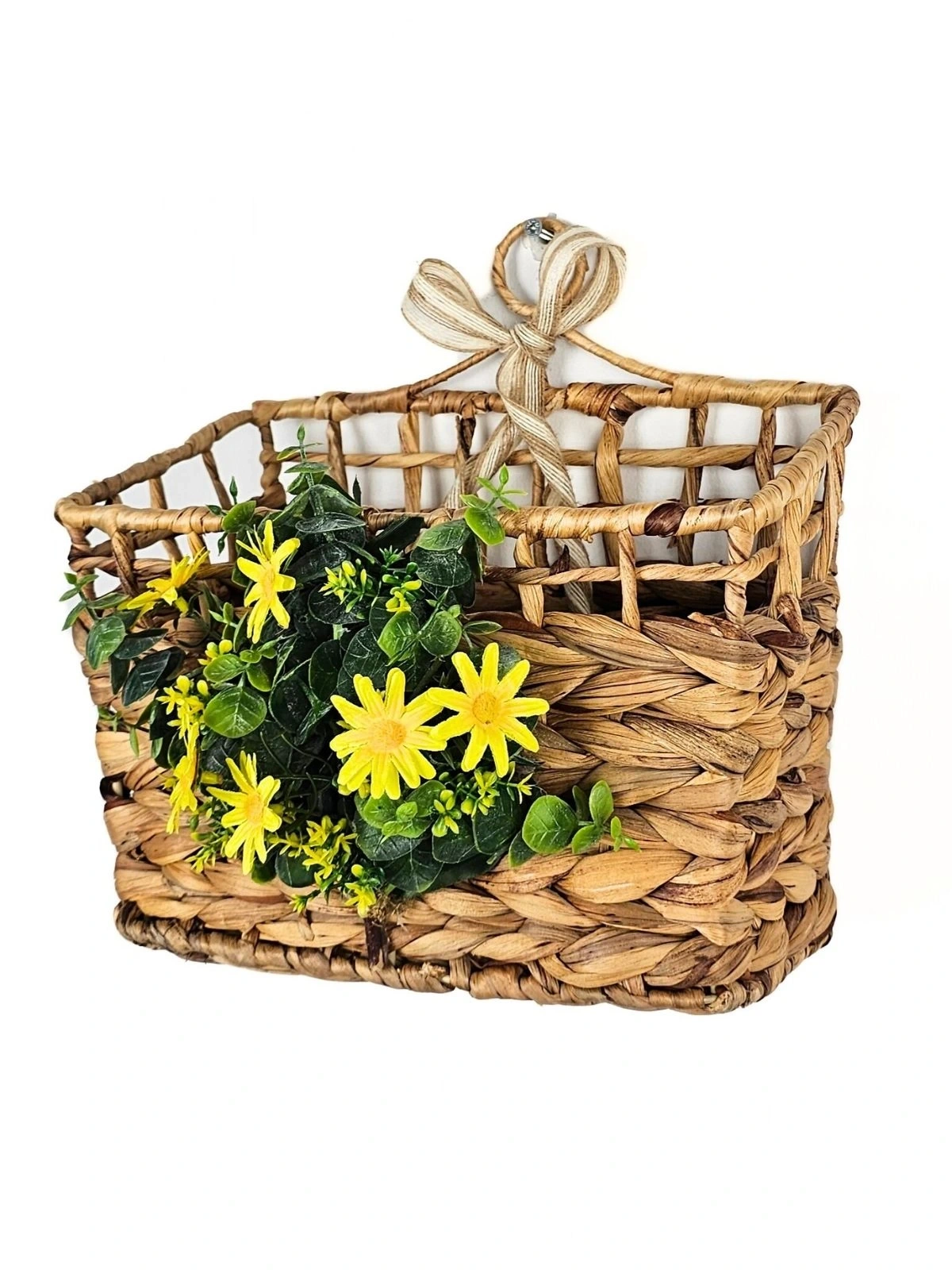 Sarı Çiçekli Hasır Kapı Sepeti Gazetelik Posta Kutusu Kapı Süsü 28Cm