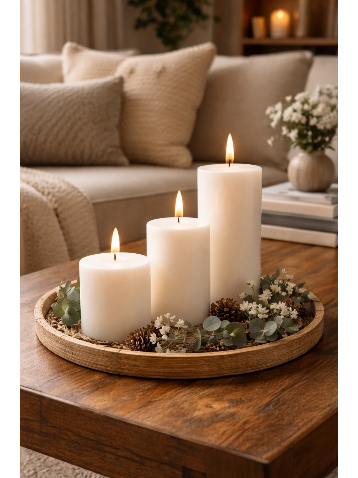 Silindir Mum Beyaz Üçlü Set