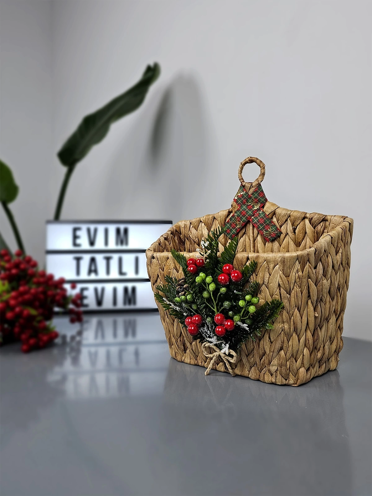 Yeni Yıl Hasır Kapı Sepeti Gazetelik Posta Kutusu 30Cm