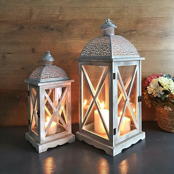 Metal Çatılı İkili Ahşap Mumluk Fener Seti Belize