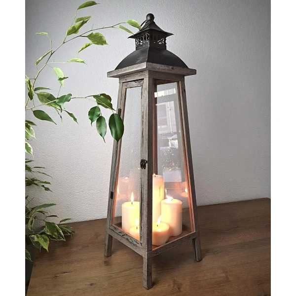 Old Town Metal Çatılı Ahşap Mumluk Fener 80cm