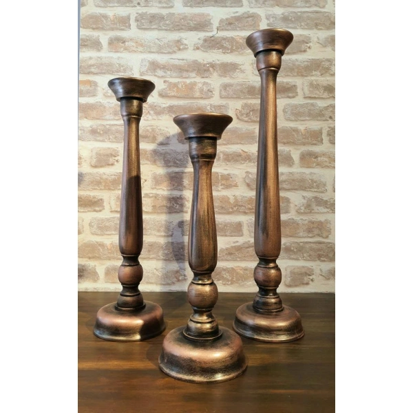 Ahşap Şamdan Mumluk Üçlü Set Antik Bakır 60/50/40cm