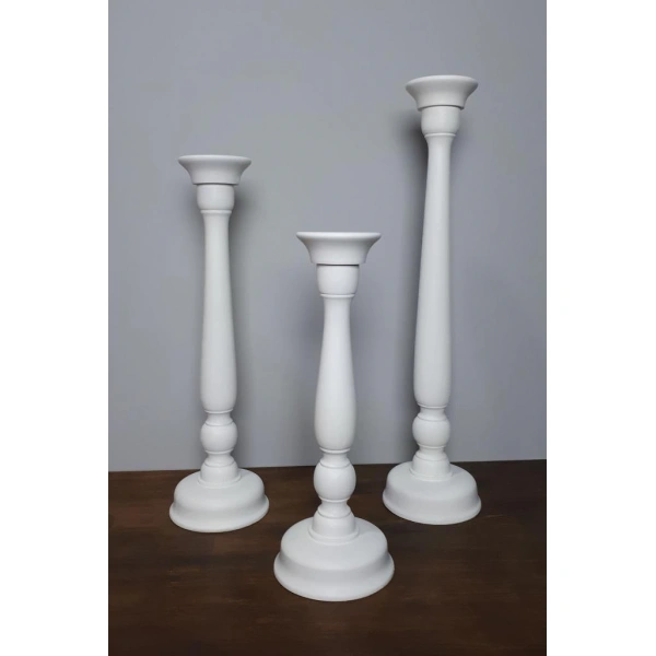 Ahşap Şamdan Mumluk Üçlü Set Beyaz 60/50/40cm