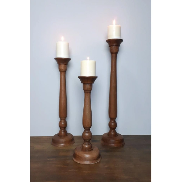 Ahşap Şamdan Mumluk Üçlü Set Kahve 60/50/40cm